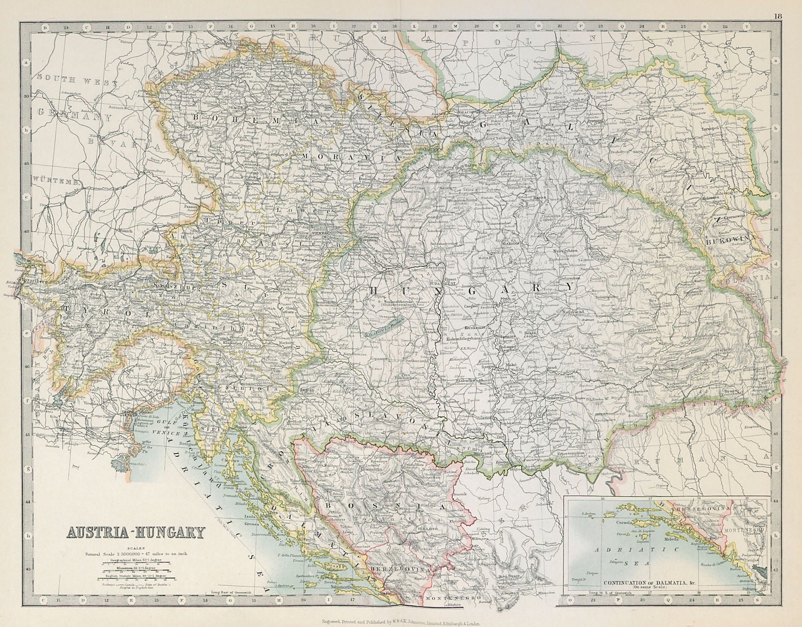 AUSTRIA-HUNGARY. Dalmatian coast. Bosnia. Railways. JOHNSTON 1915 old map